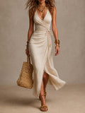 Τατιάνα | Midi Φόρεμα από Λινό με Σταυρωτή Λαιμόκοψη και Δαντέλα
