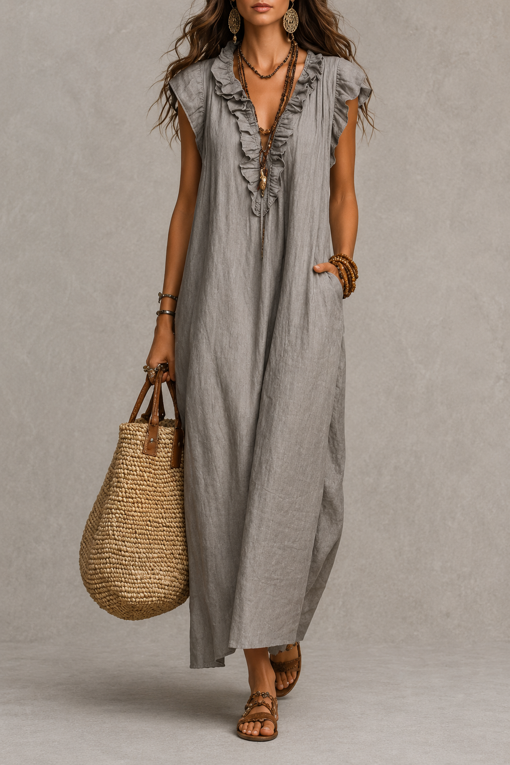 Βιολέτα – Boho Λινό Φόρεμα Μάξι