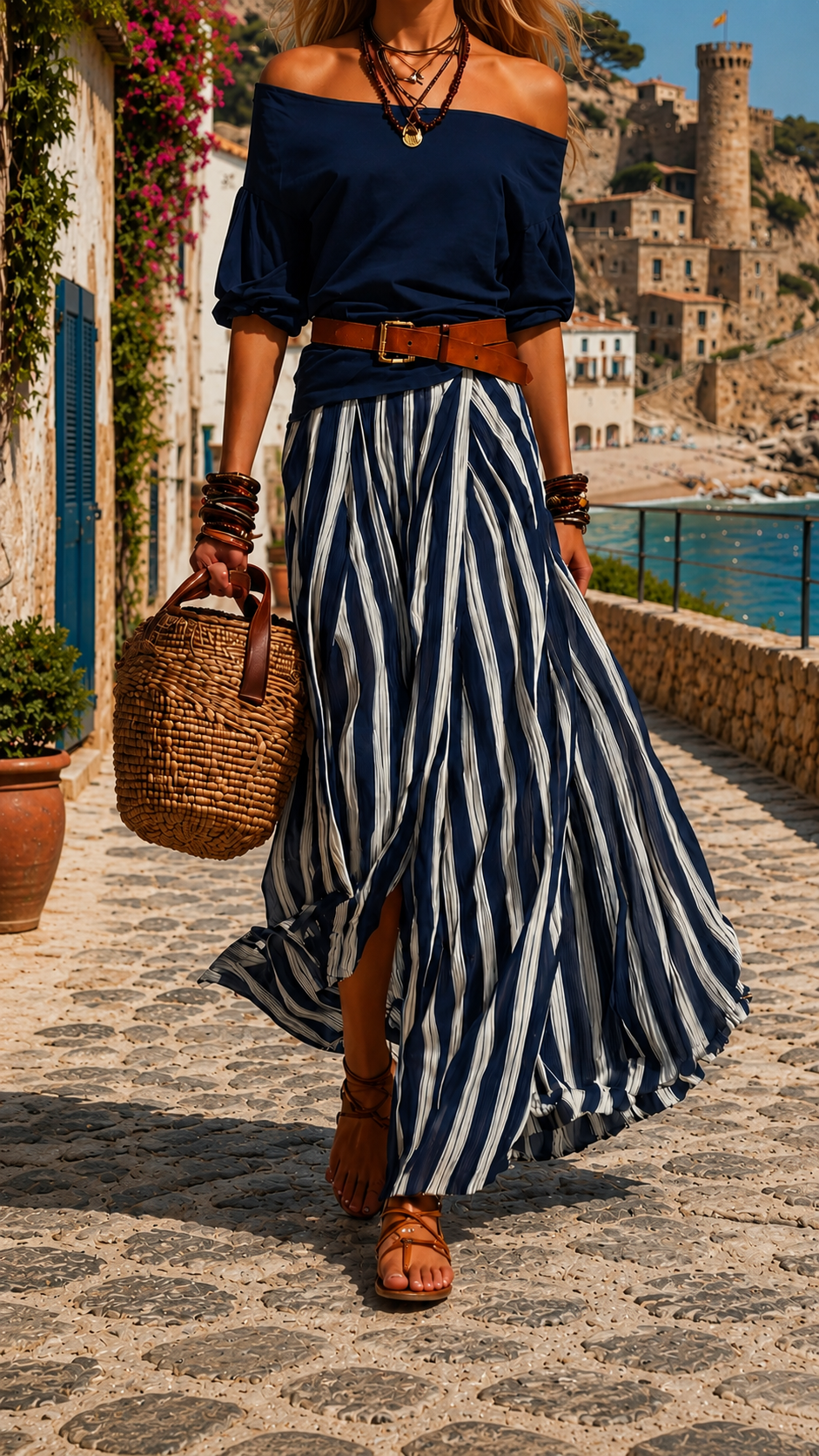 Ύδρα | Σετ με Ριγέ Φούστα και Off-Shoulder Τοπ
