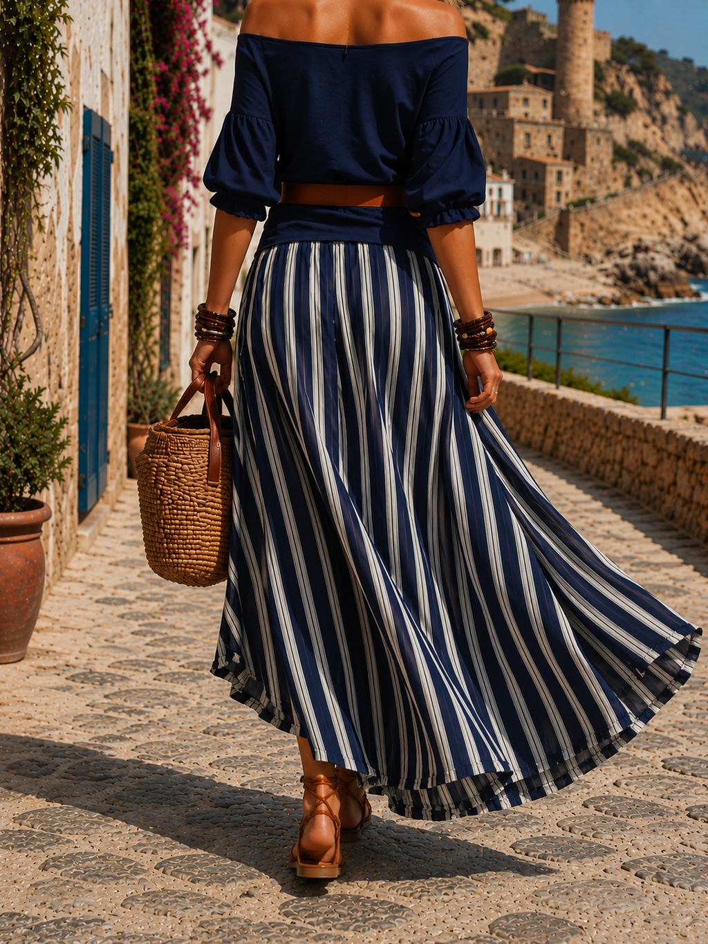 Ύδρα | Σετ με Ριγέ Φούστα και Off-Shoulder Τοπ
