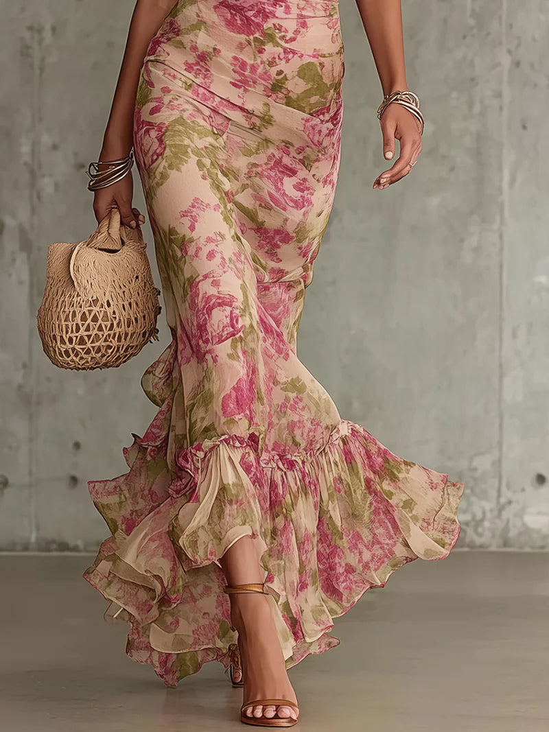 Μάξι Φόρεμα με Vintage Ροζ Print και Φουσκωτά Μανίκια