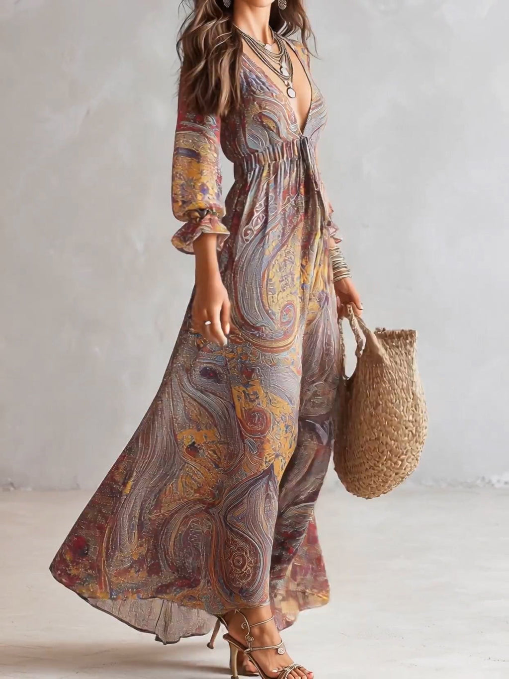Μάξι Φόρεμα σε Σιφόν με Paisley Print και Λαιμόκοψη V
