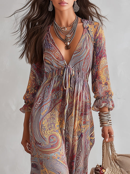 Μάξι Φόρεμα σε Σιφόν με Paisley Print και Λαιμόκοψη V