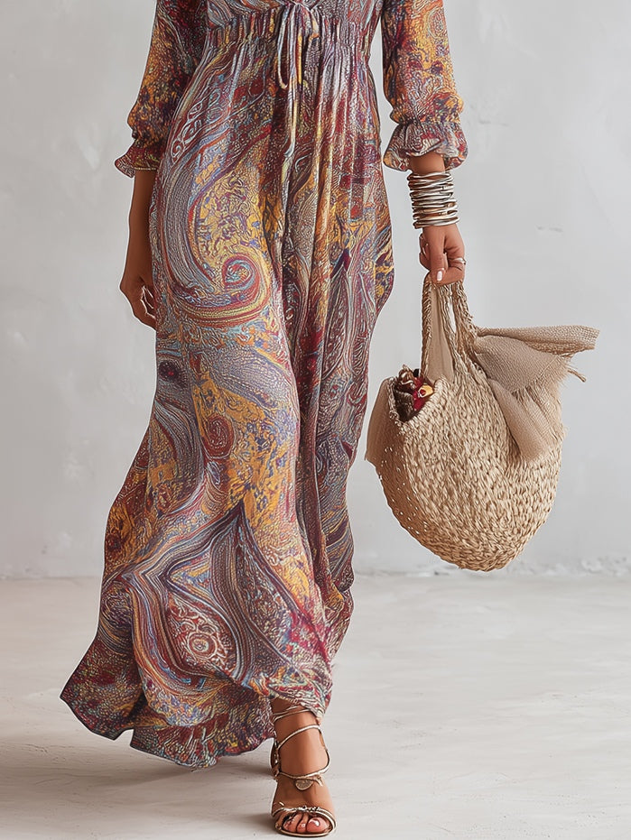 Μάξι Φόρεμα σε Σιφόν με Paisley Print και Λαιμόκοψη V