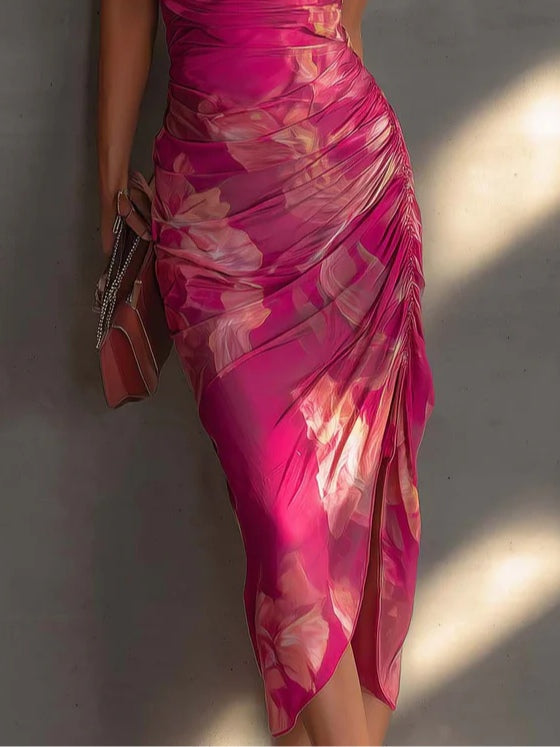 Αμάνικο Bodycon Φόρεμα με Φούξια Φλοράλ Print