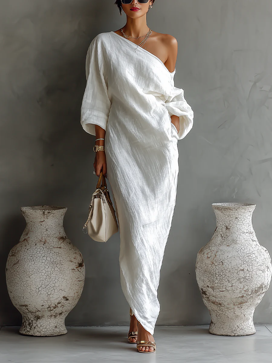 Ελίνα | Κομψό Λευκό Μάξι Φόρεμα με Έναν Ώμο