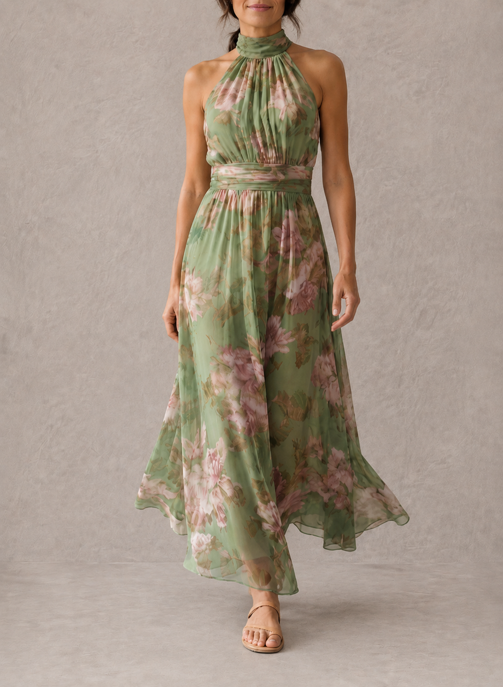 Ολυμπία - Κομψό Floral Maxi Φόρεμα με Halter Λαιμόκοψη
