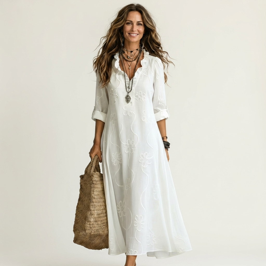 Μαριάμ | Φόρεμα Maxi από Βαμβάκι-Λινό με Κεντητά Λουλούδια στον Ίδιο Τόνο